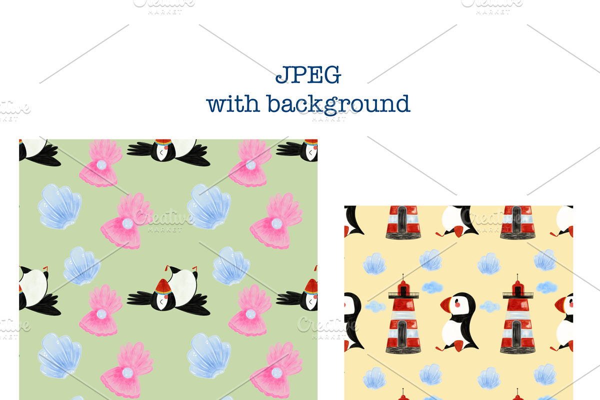 Watercolor Puffin Seamless Pattern, an Animal Illustration by Oleksandra Illustrates (Photo 11 of 13)
