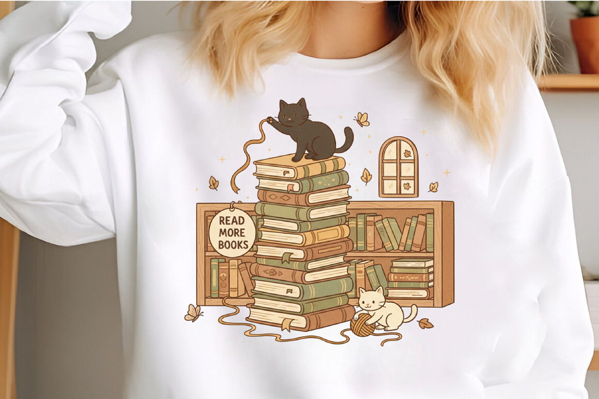 Whimsical Cat & Book Stack PNG, an Illustration by Craft Nest (Photo 3 of 6)