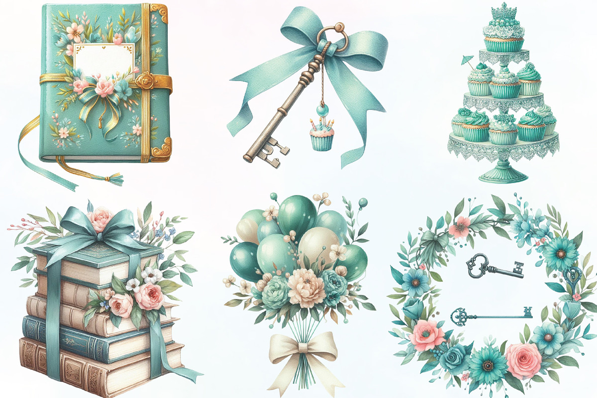 Vintage Soft Teal Birthday Clipart, an Illustration by CraftArtStudio (Photo 2 of 6)