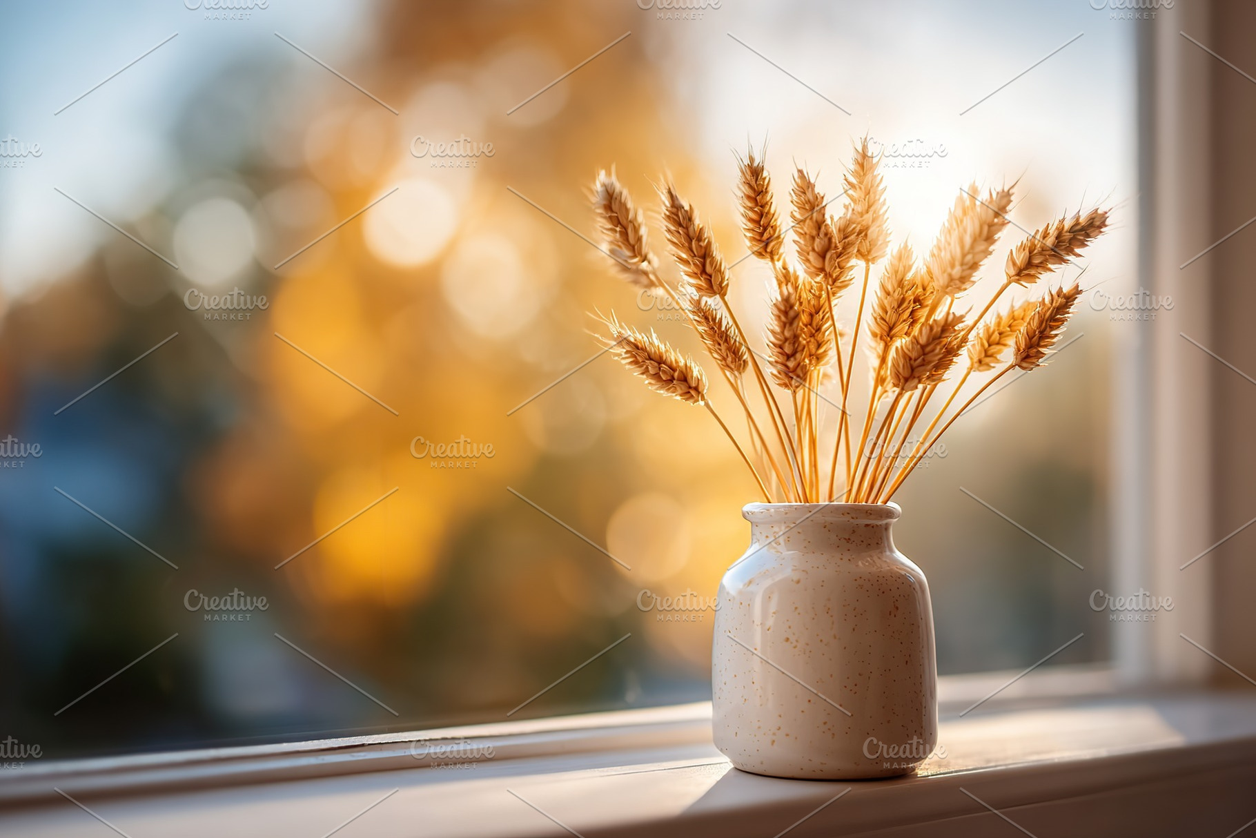 Ceramic vase with dry wheat stems placed by a window in soft evening light, an Abstract Photo by AlyaAnd