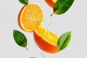 Floating orange slices with fresh green leaves and splashes of water captured i, a Food & Drink Photo by AlyaAnd