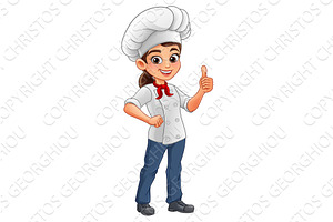 Smiling woman chef giving thumbs up, a Food Illustration by Christos Georghiou