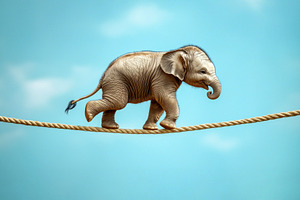 Baby elephant balancing on a rope against blue sky in surreal wh, an Animal Photo by José Manuel Gelpi