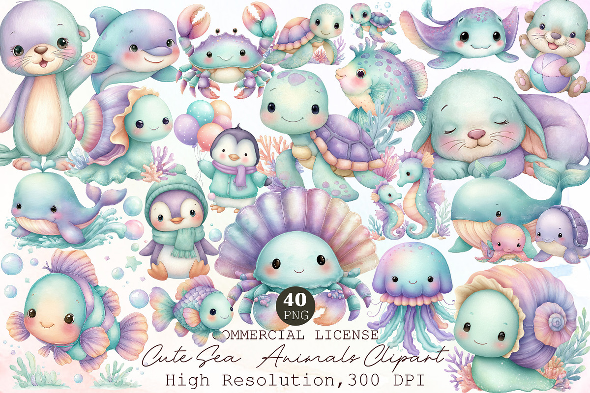 Cute Sea Animals Watercolor Clipart, an Illustration by Sublimation Artist (Photo 1 of 6)