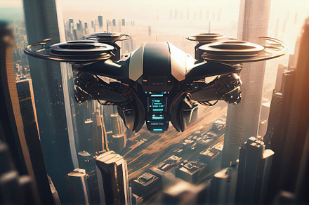 drone quadcopter with digital camera hovering over city. Futuristic cityscape a, a Technology Photo by Olyryk & Aglo