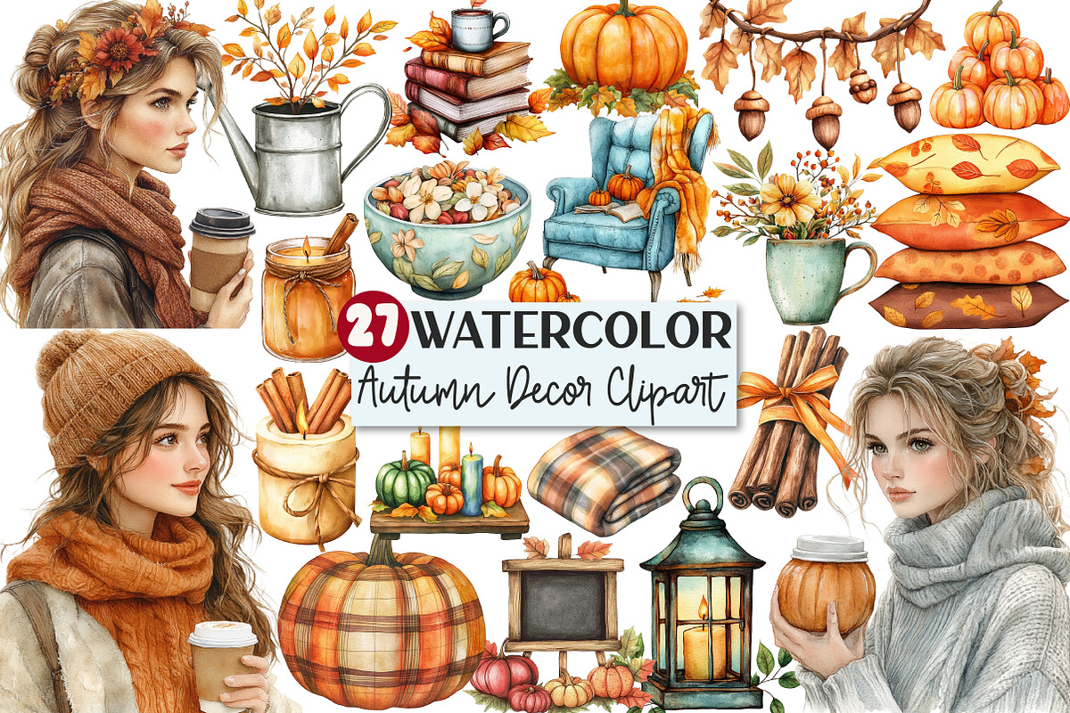 Watercolor Autumn Decor Clipart, an Illustration by Rose Art (Photo 1 of 4)