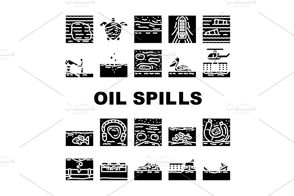 oil spills pollution icons set, an Illustration by pikepicture