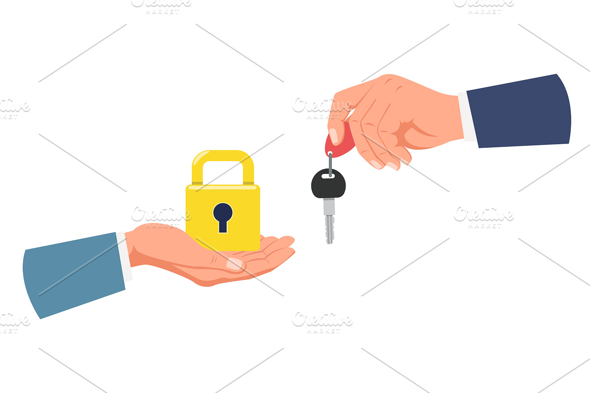 One hand holds lock and other key, a Finance Illustration by Vectorbuum