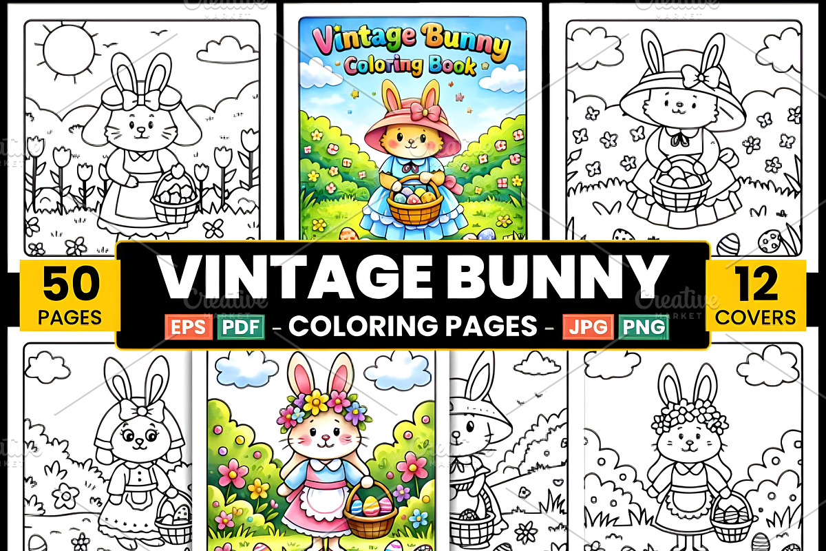 Vintage Bunny Coloring Pages, a Seasonal Illustration by Ink Gallery