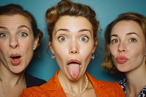 Three friends posing with surprised playful expressions in a studio portrait, a Photo by AS photostudio