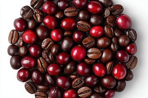 Red coffee cherries and roasted bean, a Photo by Pixeness Studio