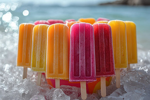 Colorful popsicles arranged on ice b, a Photo by Tanuart