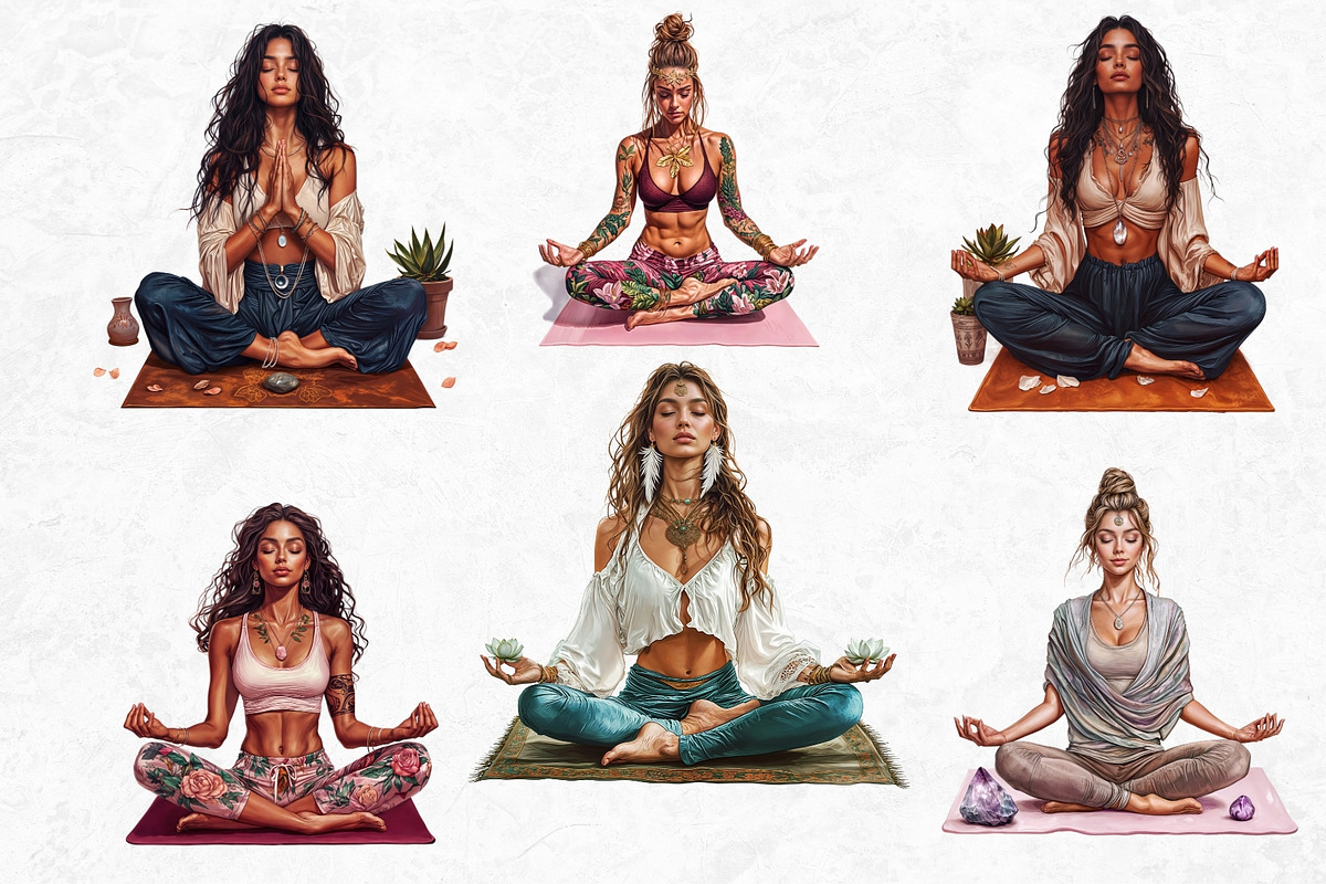 Boho woman meditating Clipart set, a Person Illustration by ThatsDesignArt (Photo 8 of 10)