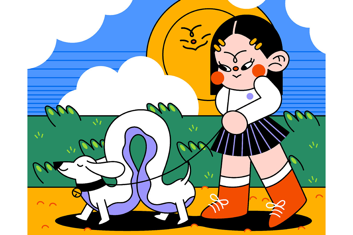 Green Flat Dog Walker Illustration, an Animal Illustration by graphicook