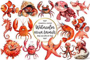 Red Ocean Animals Clipart, an Illustration by OK Design