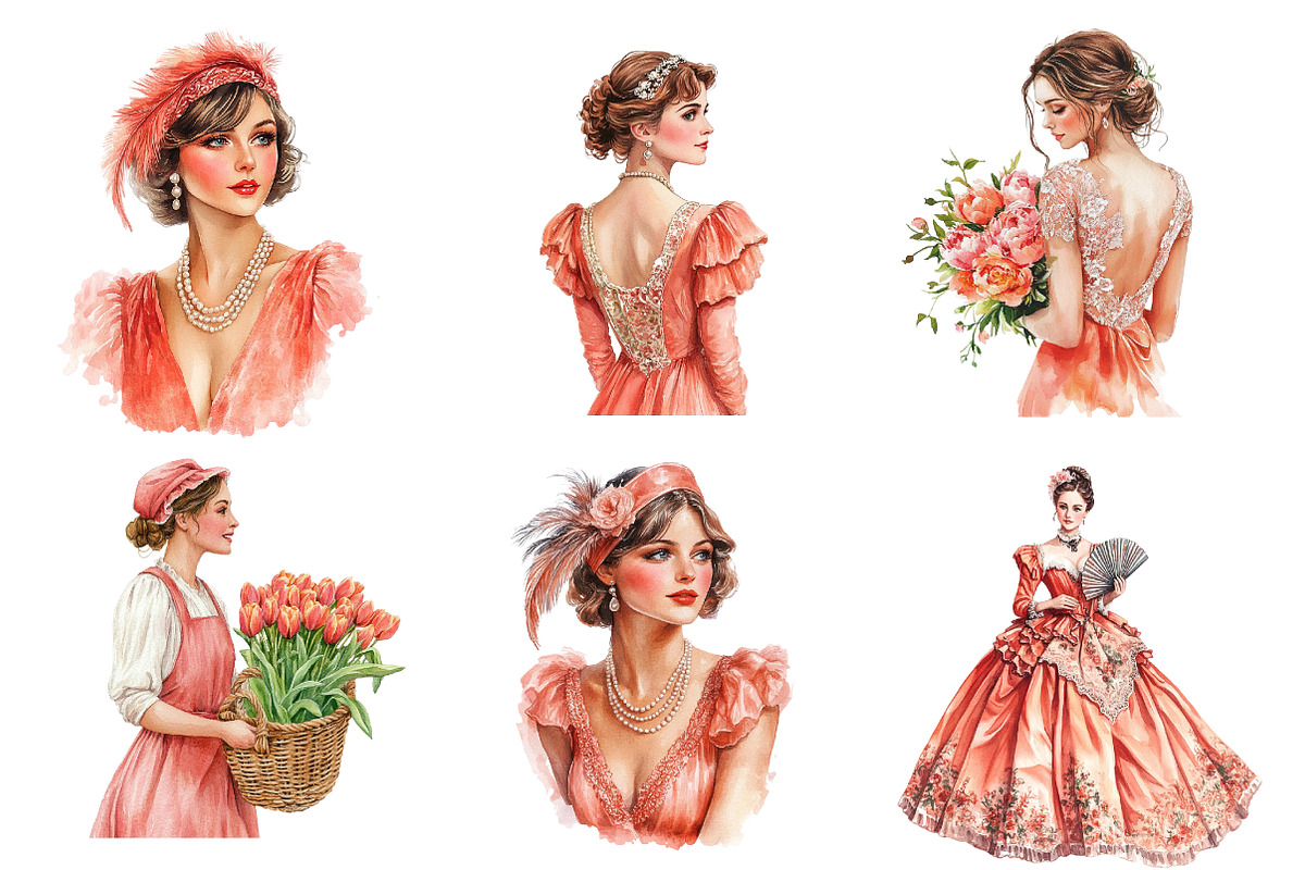 Coral Spring Vintage Woman Clipart, an Illustration by CreationArt (Photo 4 of 5)