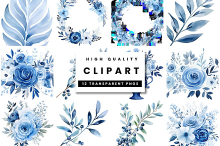 Blue Watercolor Floral Clipart