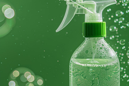 Spray bottle with green liquid and foam on green background, a Photo by Dvoevnore photos