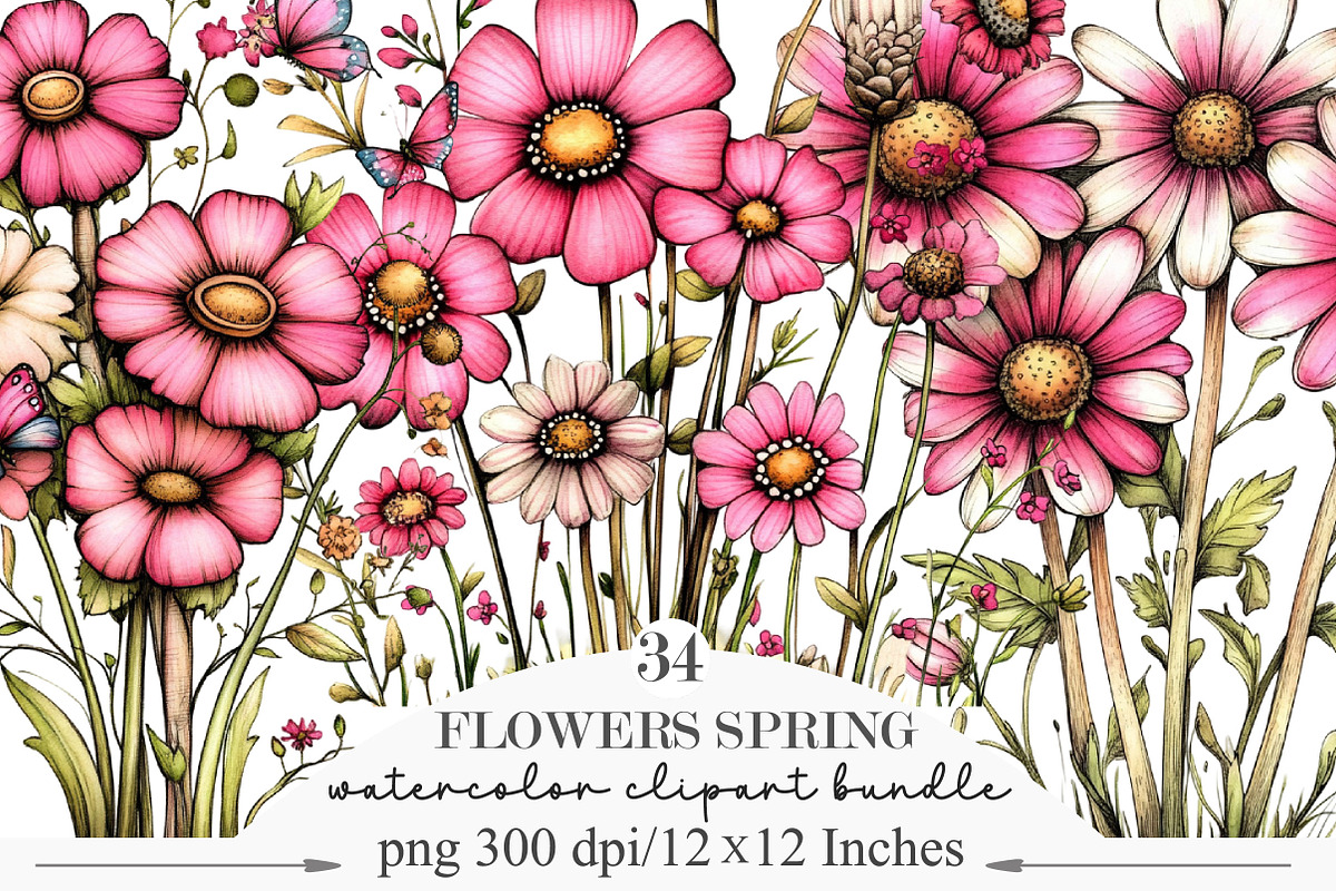 Pink Flowers Spring Clipart, an Illustration by Designking (Photo 1 of 5)