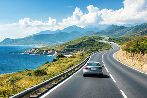 Winding coastal highway with a car driving along the scenic route beside the oc, a Transportation Photo by AlyaAnd