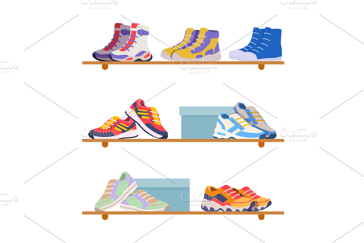Sneakers on shelves. shoes in sport, an Object Illustration by Onyx