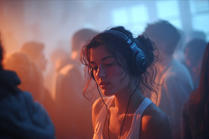 Young woman enjoying music with headphones at a lively social event, a Photo by AS photostudio