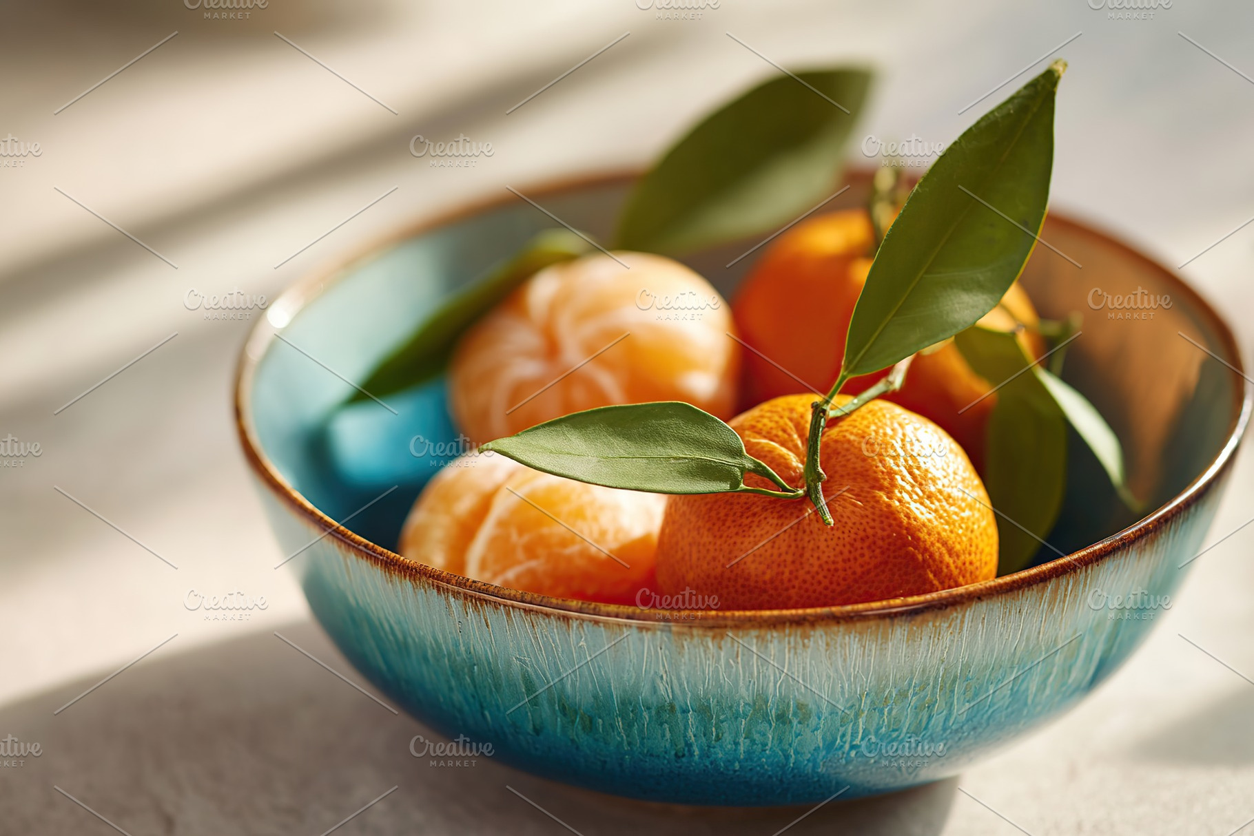 Colorful tangerines in a ceramic bowl with green leaves on a bright surface, a Food & Drink Photo by AlyaAnd