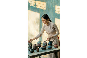 Woman arranging handmade pottery in, an Illustration by tilialucida