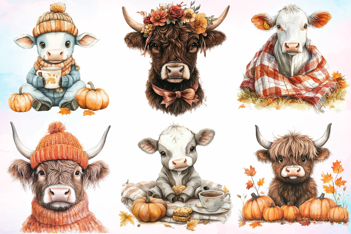 Autumn Highland Cow Clipart Bundle, a Seasonal Illustration by Canvas Craft (Photo 5 of 8)