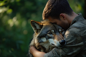 Two friends man and a wolf hugging each other in the forest, an Animal Photo by AlyaAnd