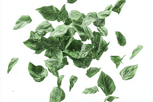 Green leaves falling isolated white, a Food & Drink Photo by Pixeness Studio