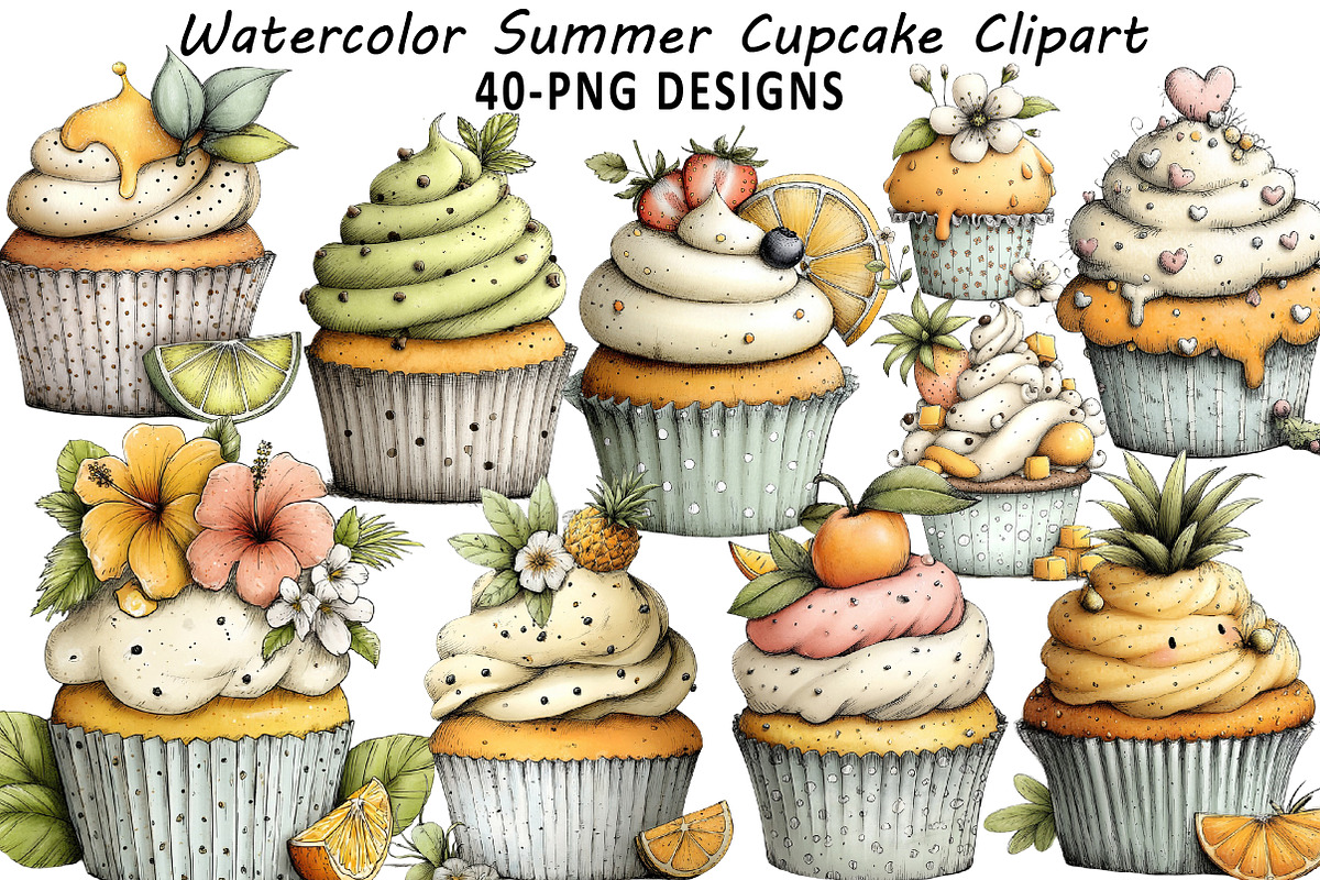 Watercolor Summer Cupcake Clipart, an Illustration by Daily.Designs (Photo 1 of 8)