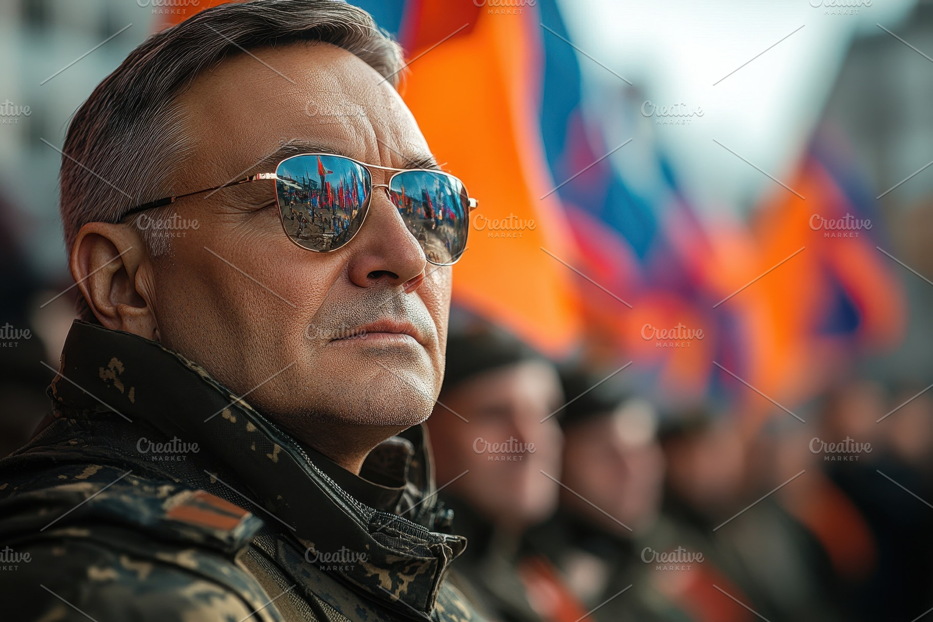 Soldier wearing sunglasses stands pr, a Photo by Tanuart