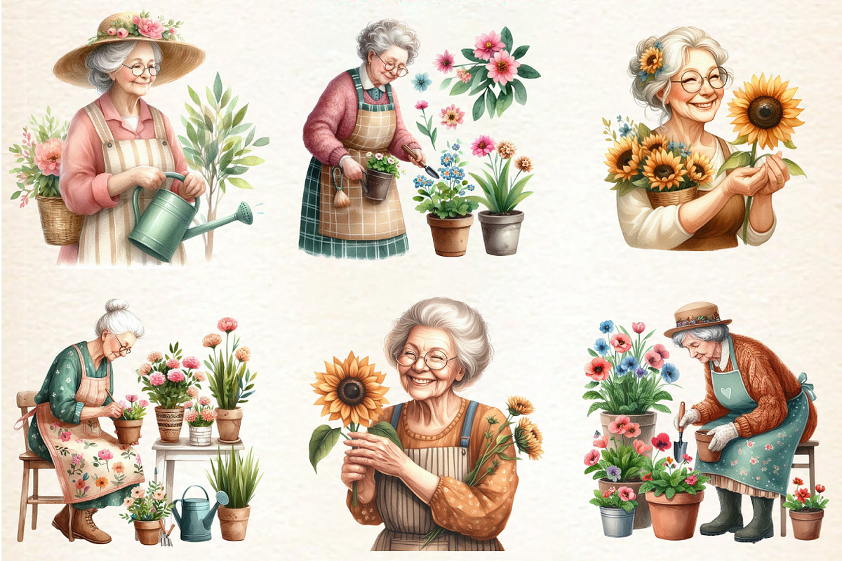 Gardening Grandma with Flowers, an Illustration by DreamArtGraphic (Photo 4 of 4)