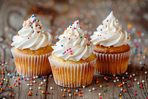 Tasty cupcakes with butter cream and sprinkles on wooden background, a Food & Drink Photo by AlyaAnd