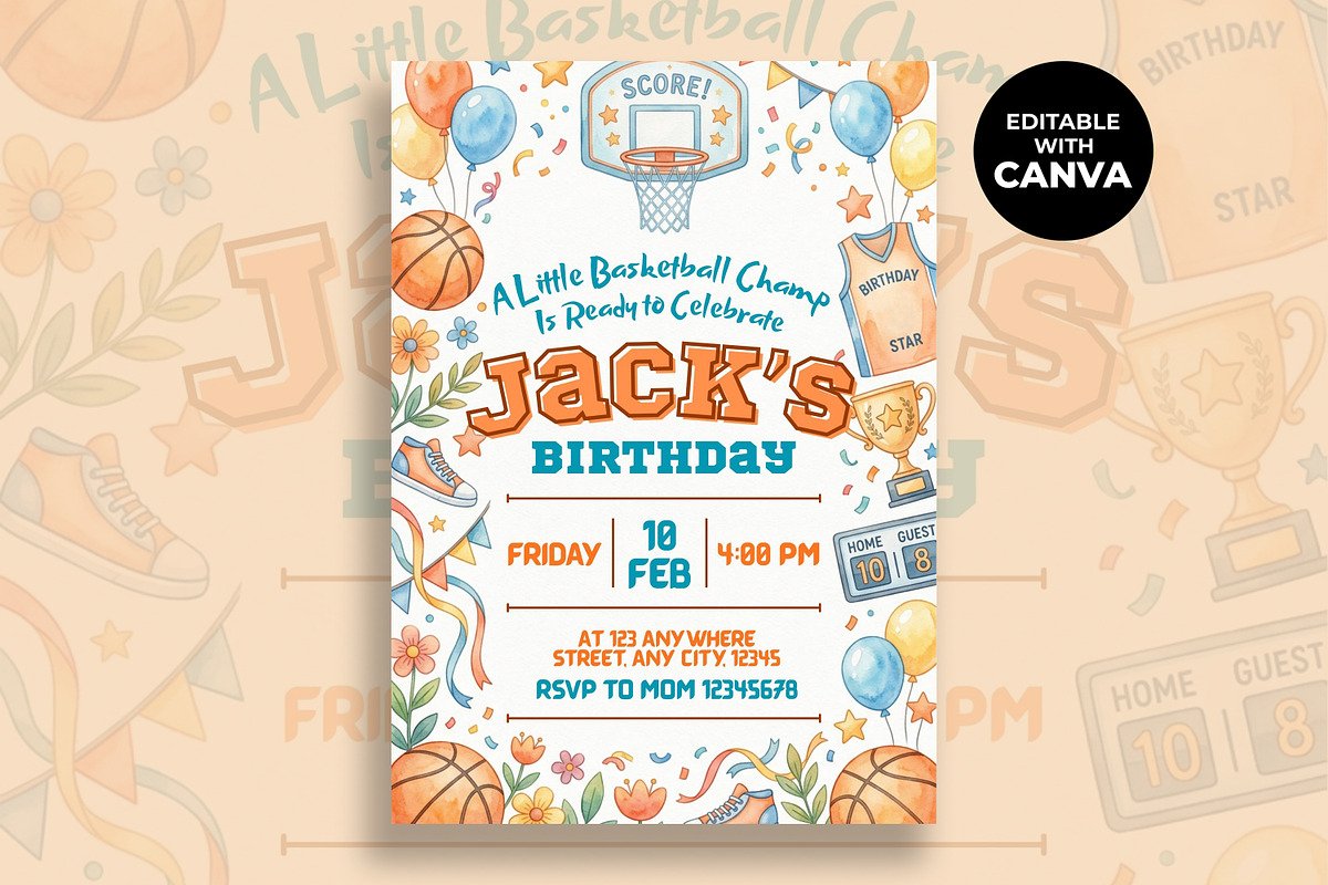 Basketball Birthday Invitation, an Invitation Template by M9 Design (Photo 1 of 4)