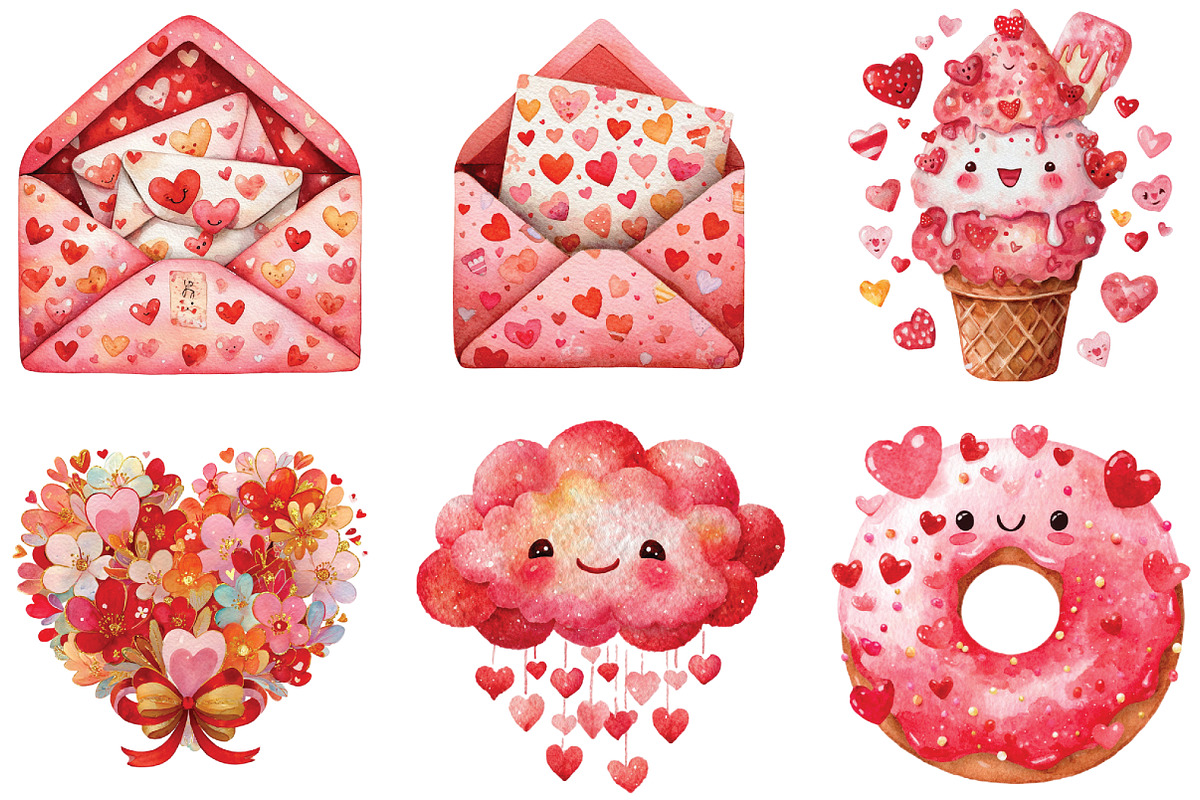 Watercolor Kawaii Valentine Clipart, an Illustration by CraftArtStudio (Photo 5 of 6)