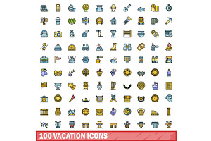 100 Vacation Icons Set, Color Line