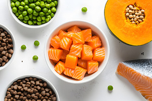 Fresh salmon cubes with peas and pum, a Food & Drink Photo by Photostock