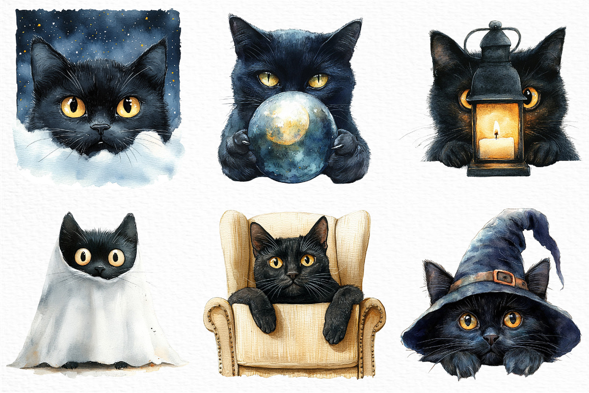 Watercolor Peeking Black Cat Clipart, an Illustration by Craft Nest (Photo 4 of 6)