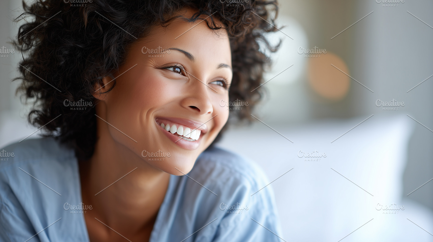 Young woman with curly hair smiles, a Health & Medical Photo by MistyDay