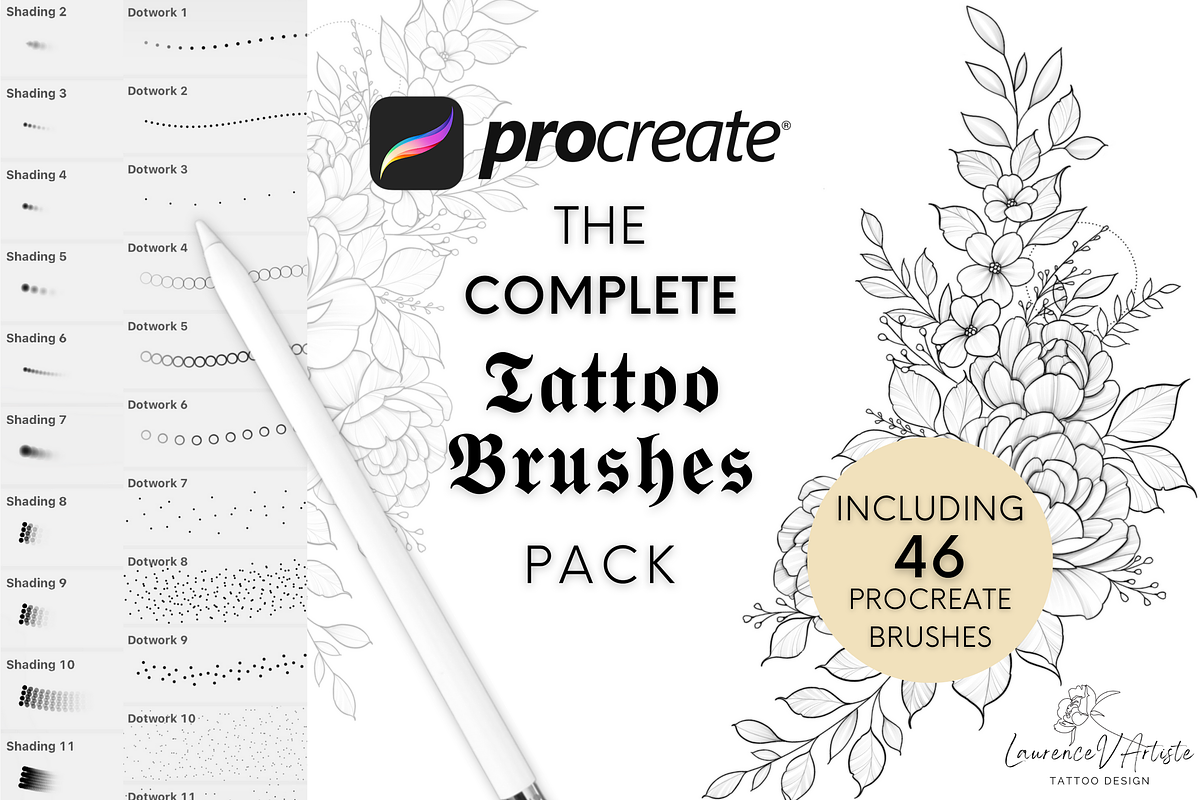 Procreate - Tattoo Fineliner Brushes, a Brush Add-On by LaurenceVArtiste (Photo 1 of 5)