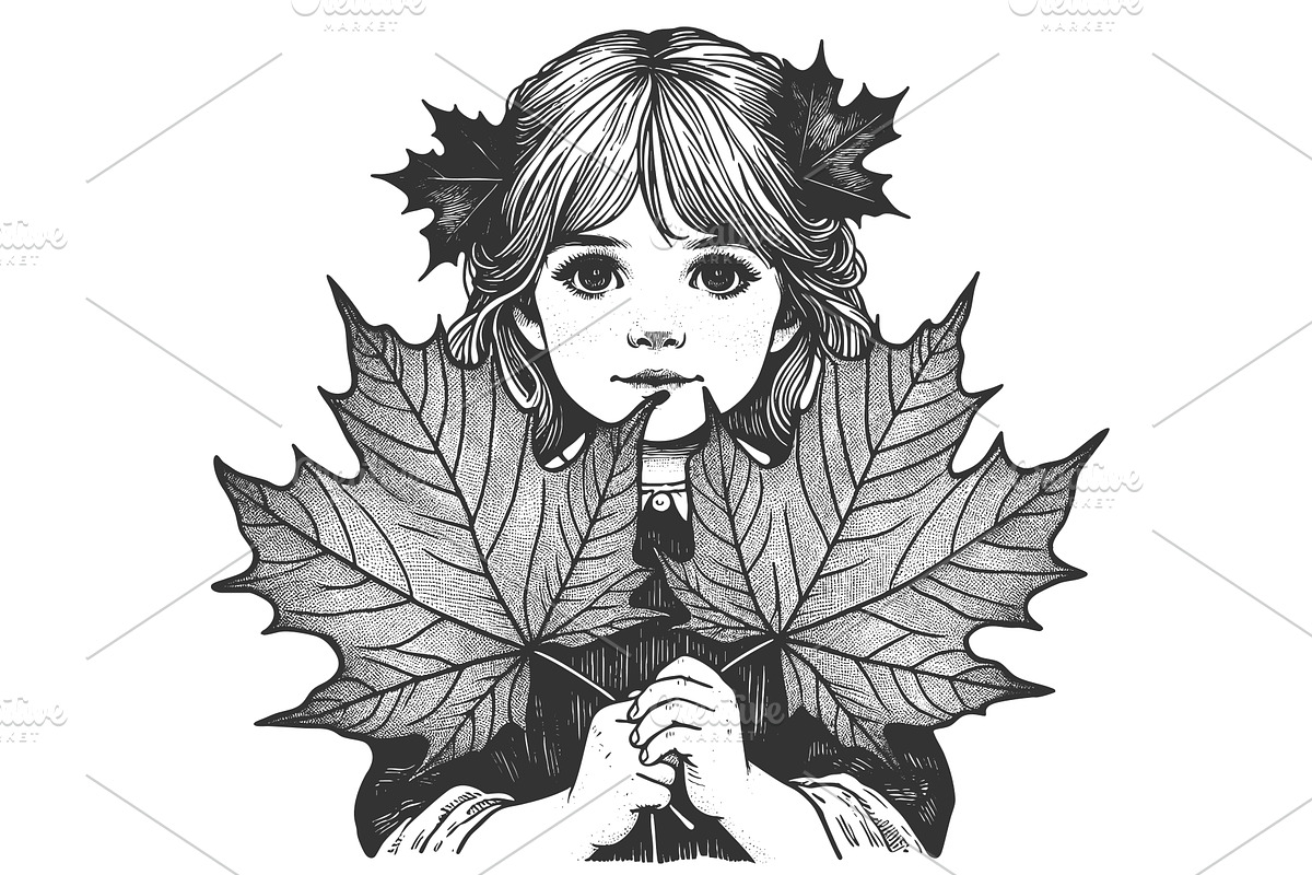 girl holding maple leaves to face, a Person Illustration by AlexArt