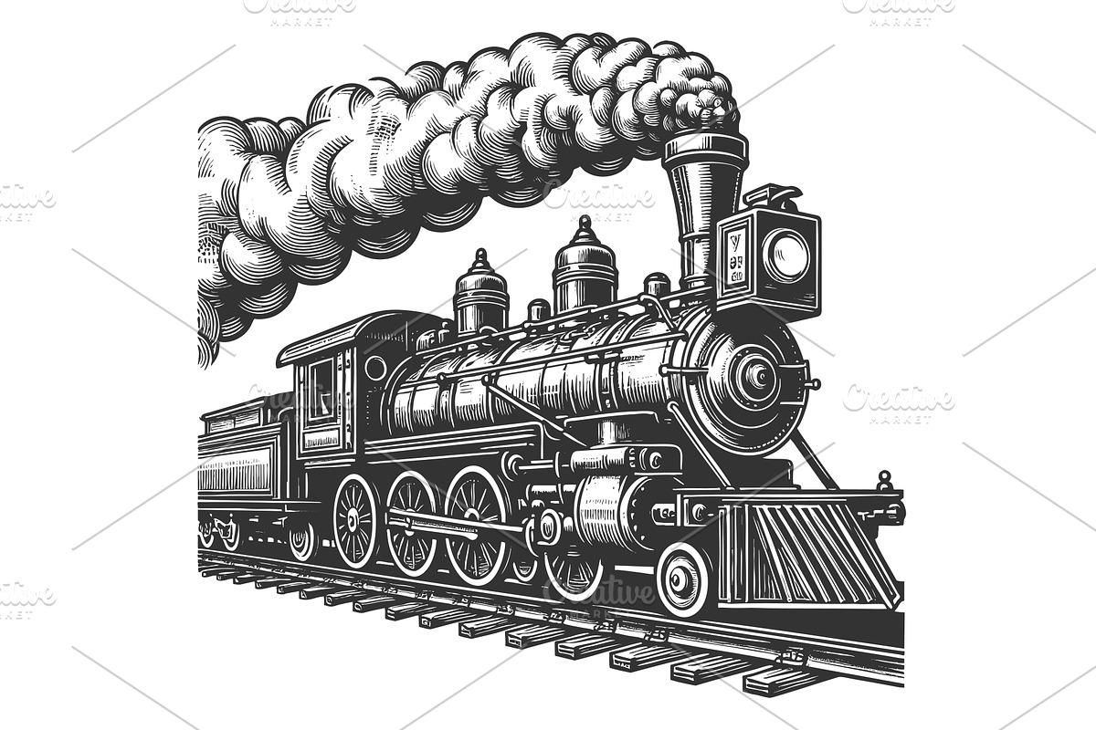 steam train smoke engraving vector, a Transportation Illustration by AlexArt