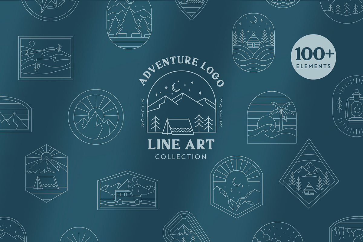 Adventure Line Art Graphic Set, a Branding & Logo Template by Ellen Carty Design (Photo 1 of 13)