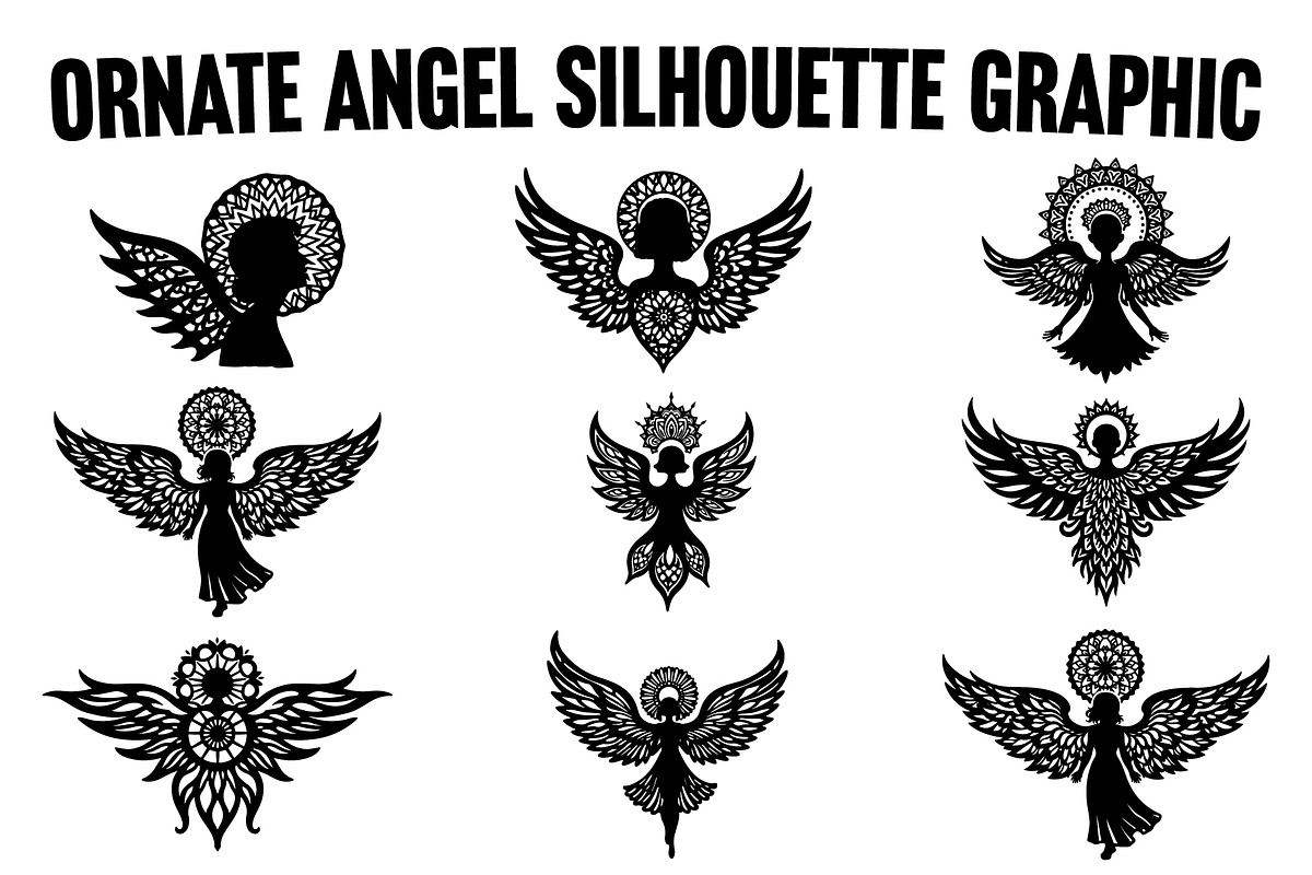 Ornate Angel Silhouette Graphic, an Illustration by Designs_River (Photo 1 of 9)