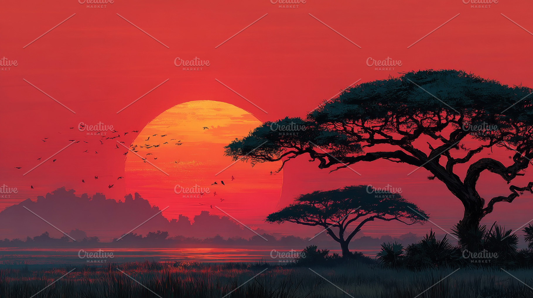 Large glowing sun setting over an African savanna with silhouett, a Nature Photo by José Manuel Gelpi