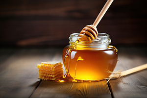 Honey in glass jar on wooden background, a Food & Drink Photo by AlyaAnd