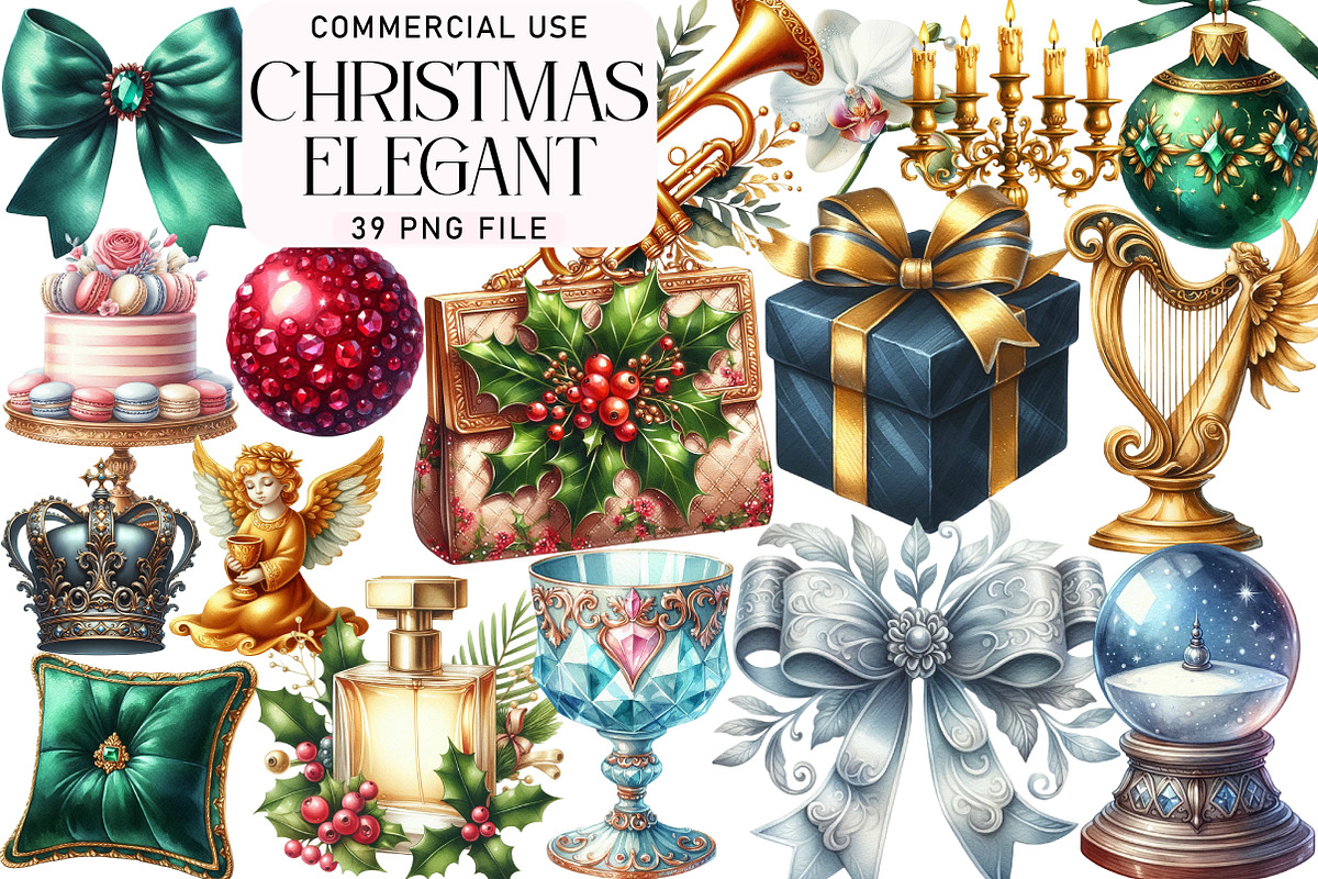 Watercolor Elegant Christmas Clipart, an Illustration by Daily.Designs (Photo 1 of 5)