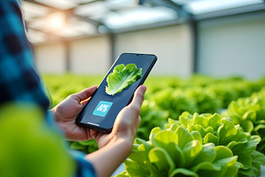 Farmer Using Tech in Hydroponic Gree, a Food & Drink Photo by Stock Shape